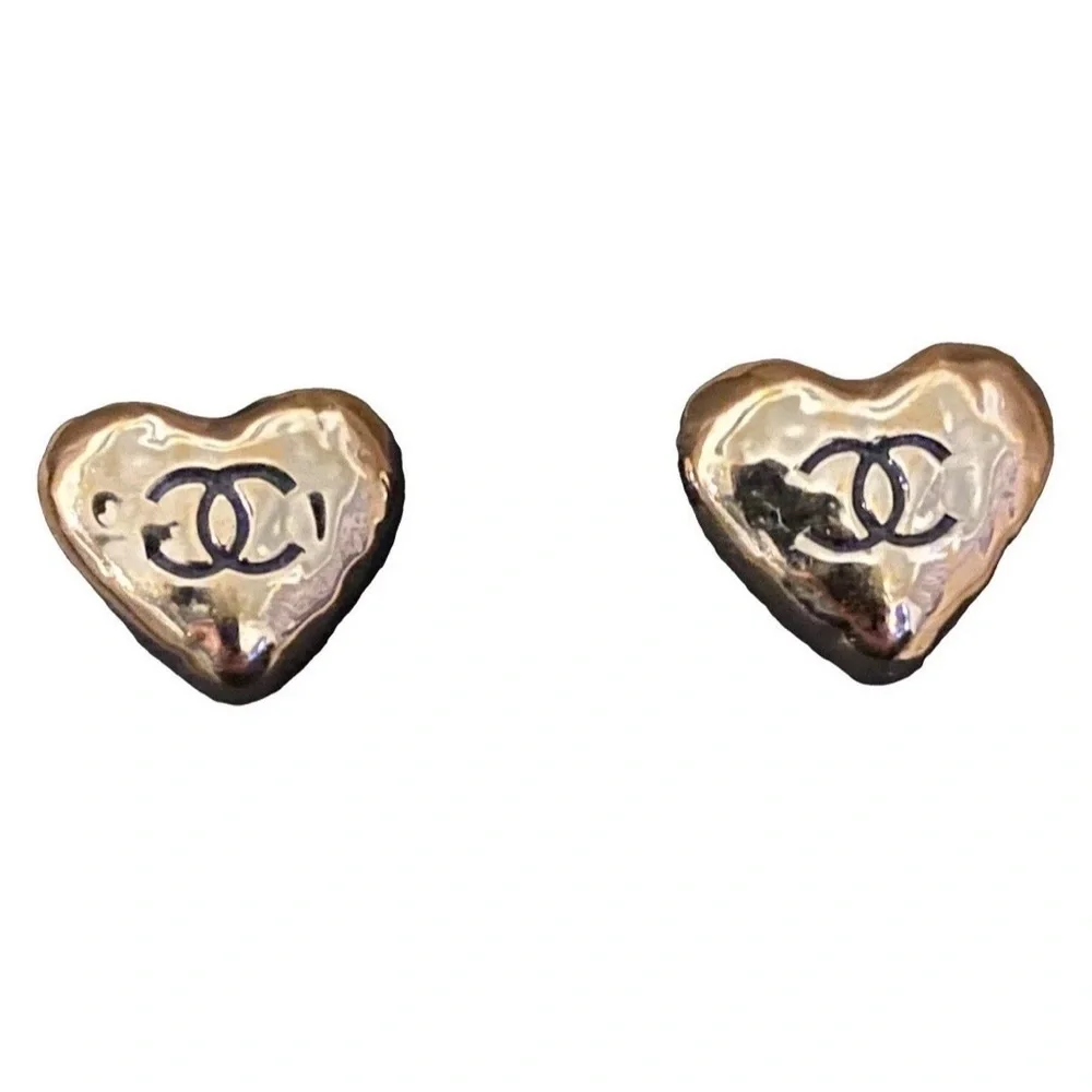 CHANEL Gold Heart Earrings Studs with Black CC Emblem and Paper Insert